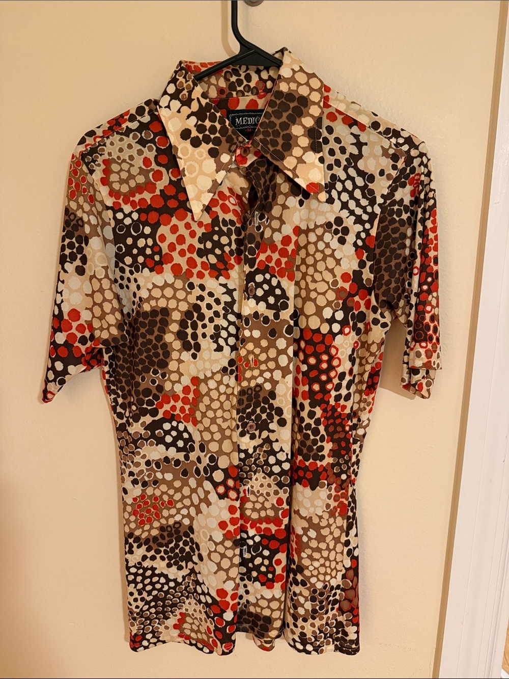 Men's Vintage Disco Short Sleeve Polo in Brown, Red & Cream Dot Print